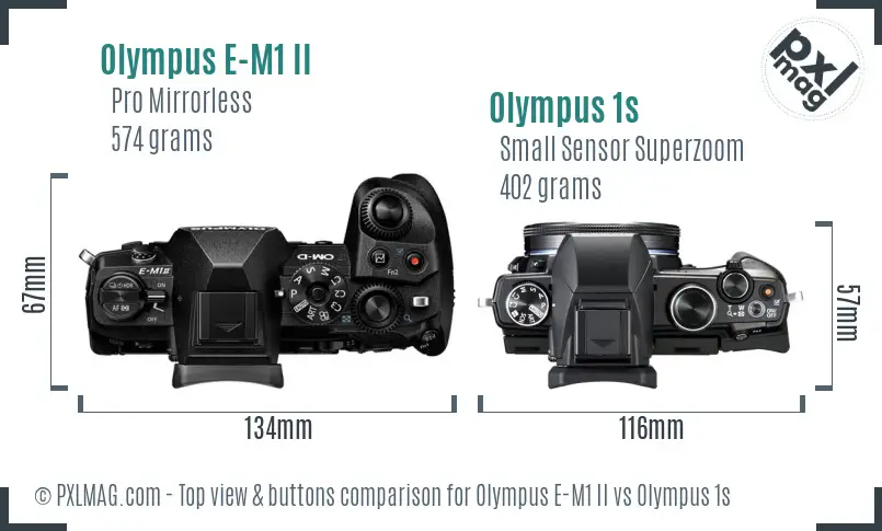 Olympus E-M1 II vs Olympus 1s top view buttons comparison