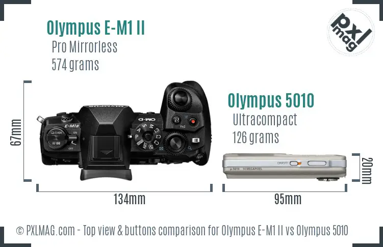 Olympus E-M1 II vs Olympus 5010 top view buttons comparison