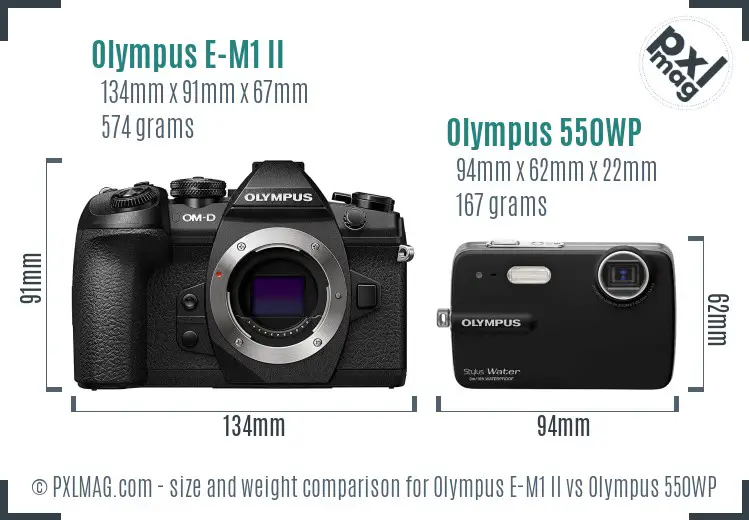 Olympus E-M1 II vs Olympus 550WP size comparison