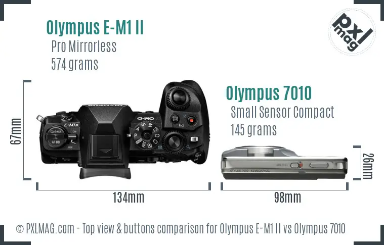 Olympus E-M1 II vs Olympus 7010 top view buttons comparison