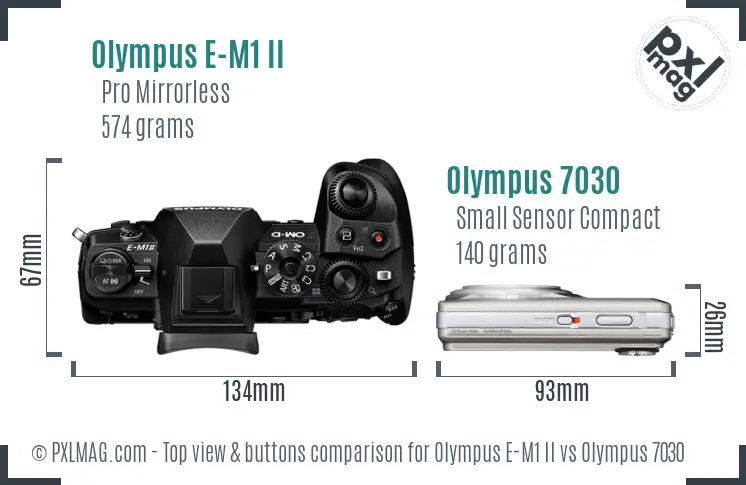 Olympus E-M1 II vs Olympus 7030 top view buttons comparison