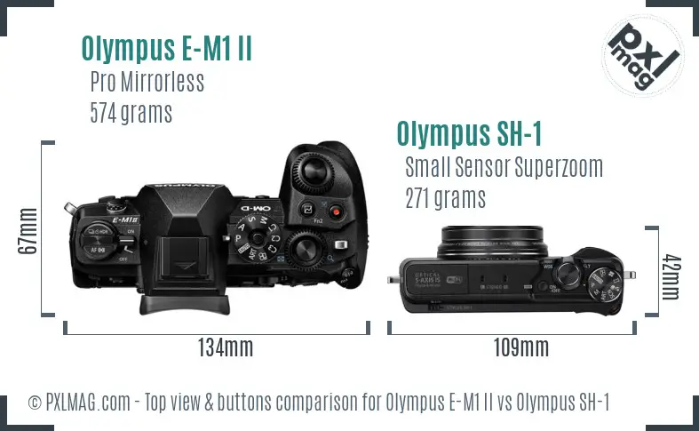 Olympus E-M1 II vs Olympus SH-1 top view buttons comparison