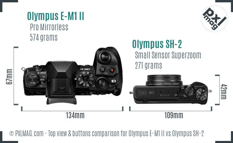 Olympus E-M1 II vs Olympus SH-2 top view buttons comparison