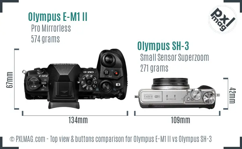 Olympus E-M1 II vs Olympus SH-3 top view buttons comparison
