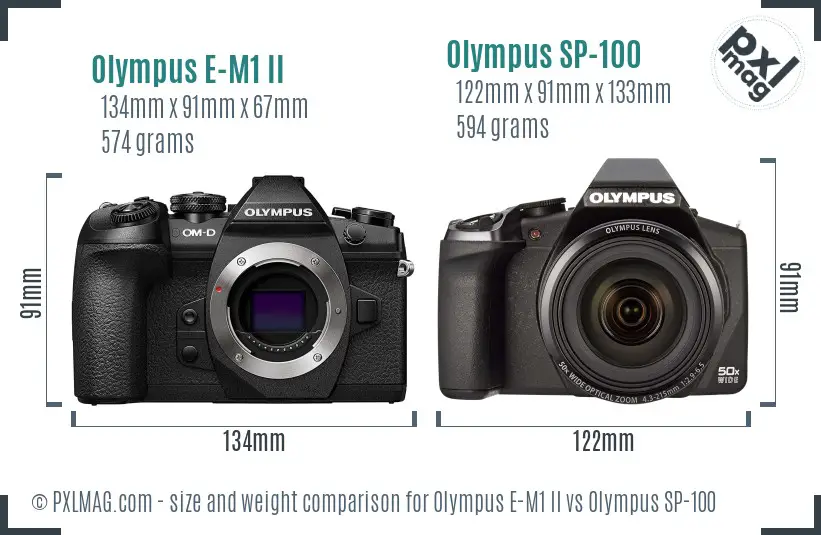 Olympus E-M1 II vs Olympus SP-100 size comparison