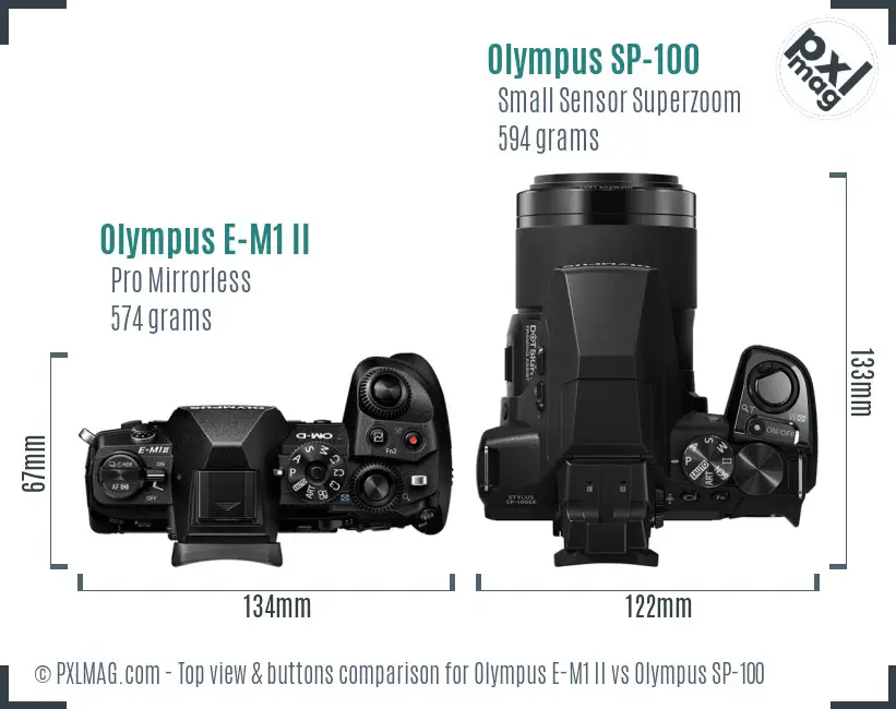 Olympus E-M1 II vs Olympus SP-100 top view buttons comparison