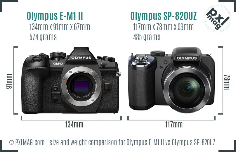 Olympus E-M1 II vs Olympus SP-820UZ size comparison