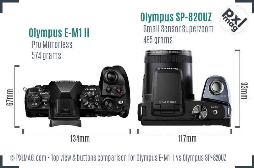 Olympus E-M1 II vs Olympus SP-820UZ top view buttons comparison