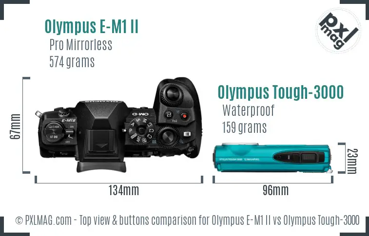 Olympus E-M1 II vs Olympus Tough-3000 top view buttons comparison
