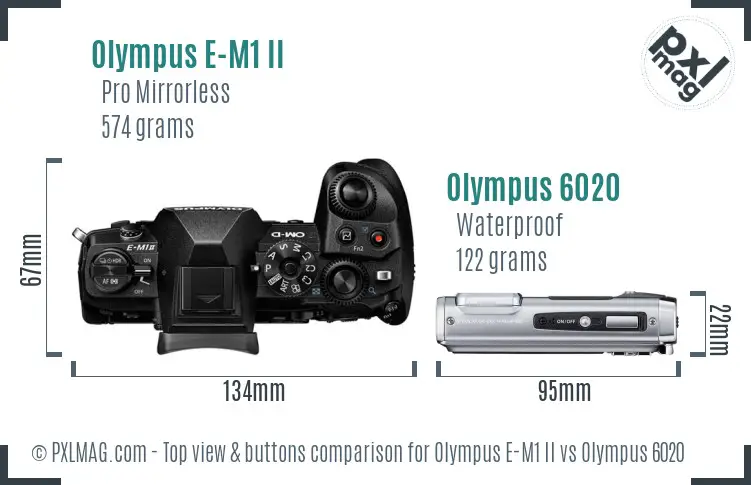Olympus E-M1 II vs Olympus 6020 top view buttons comparison