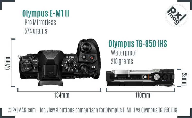 Olympus E-M1 II vs Olympus TG-850 iHS top view buttons comparison
