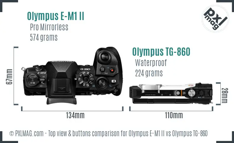 Olympus E-M1 II vs Olympus TG-860 top view buttons comparison
