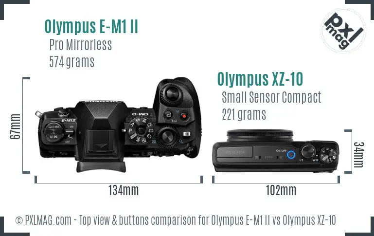 Olympus E-M1 II vs Olympus XZ-10 top view buttons comparison