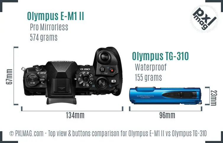 Olympus E-M1 II vs Olympus TG-310 top view buttons comparison