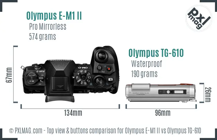 Olympus E-M1 II vs Olympus TG-610 top view buttons comparison