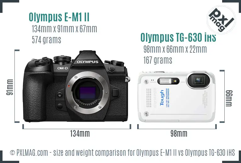 Olympus E-M1 II vs Olympus TG-630 iHS size comparison