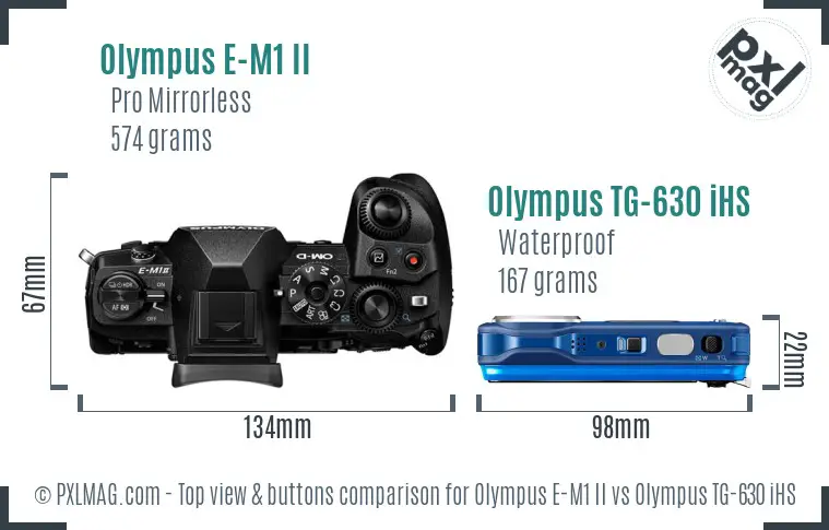 Olympus E-M1 II vs Olympus TG-630 iHS top view buttons comparison