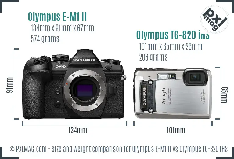 Olympus E-M1 II vs Olympus TG-820 iHS size comparison