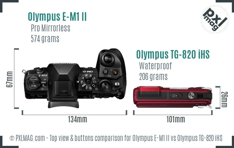 Olympus E-M1 II vs Olympus TG-820 iHS top view buttons comparison