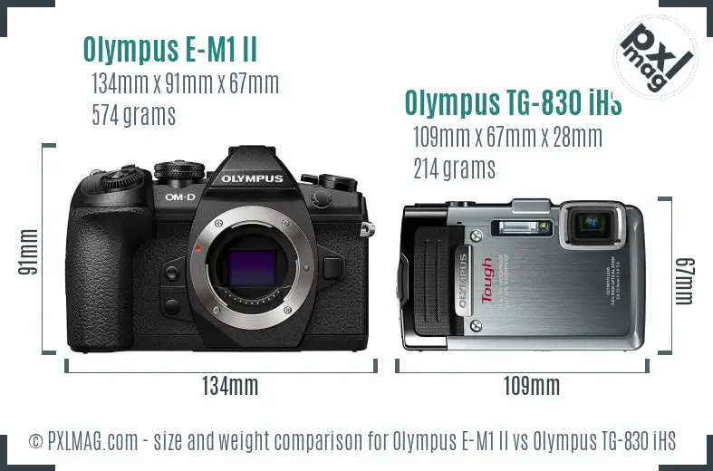 Olympus E-M1 II vs Olympus TG-830 iHS size comparison