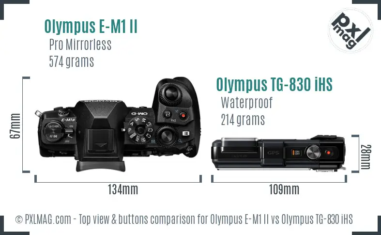 Olympus E-M1 II vs Olympus TG-830 iHS top view buttons comparison