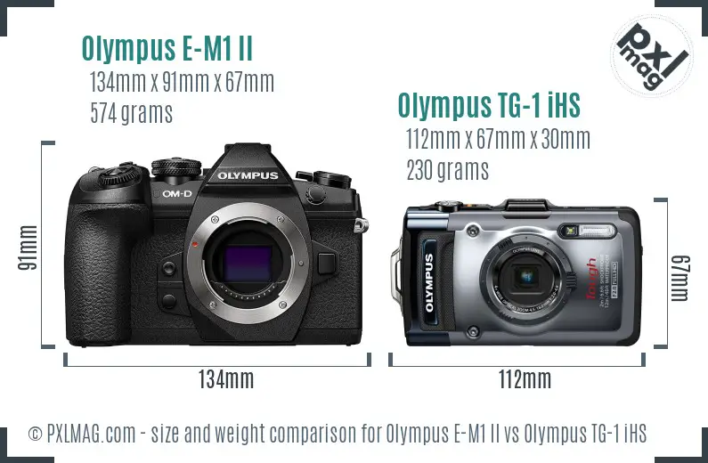 Olympus E-M1 II vs Olympus TG-1 iHS size comparison