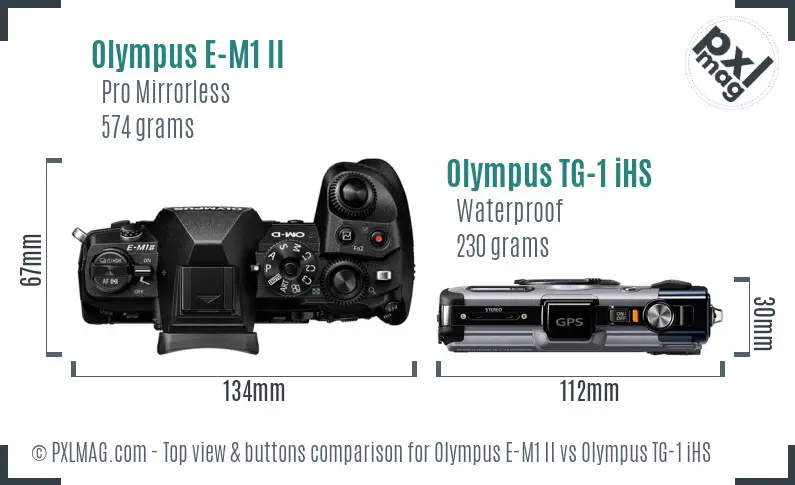 Olympus E-M1 II vs Olympus TG-1 iHS top view buttons comparison
