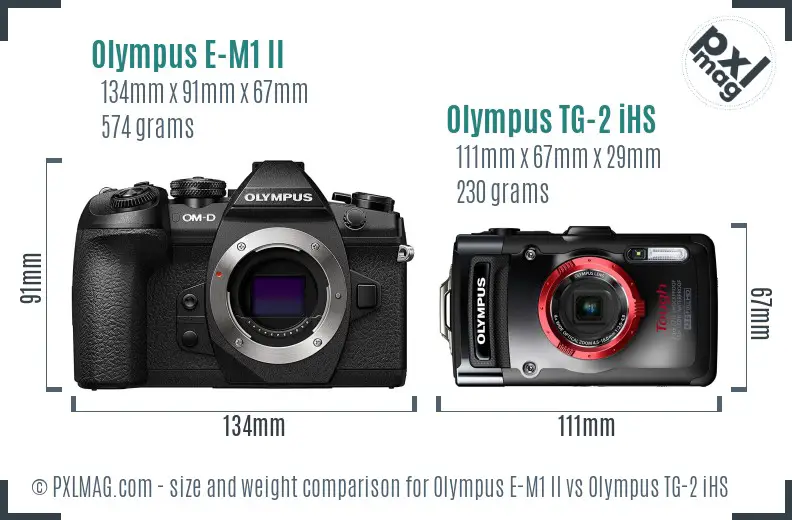 Olympus E-M1 II vs Olympus TG-2 iHS size comparison