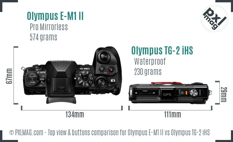 Olympus E-M1 II vs Olympus TG-2 iHS top view buttons comparison
