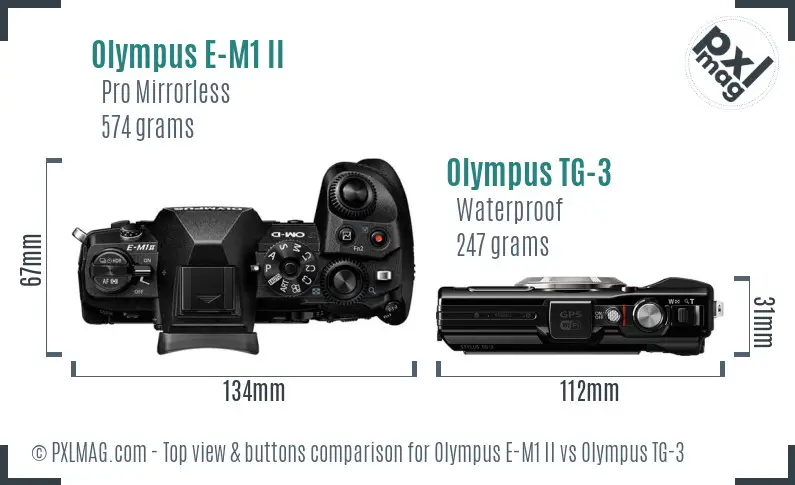 Olympus E-M1 II vs Olympus TG-3 top view buttons comparison