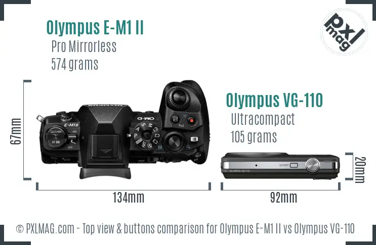 Olympus E-M1 II vs Olympus VG-110 top view buttons comparison