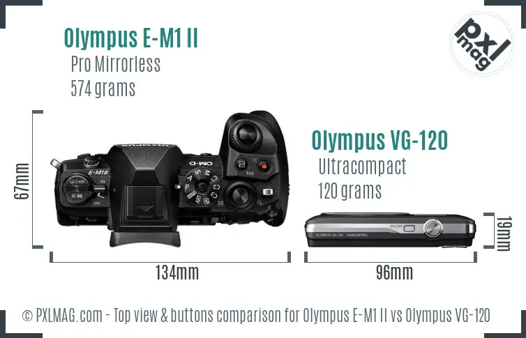 Olympus E-M1 II vs Olympus VG-120 top view buttons comparison