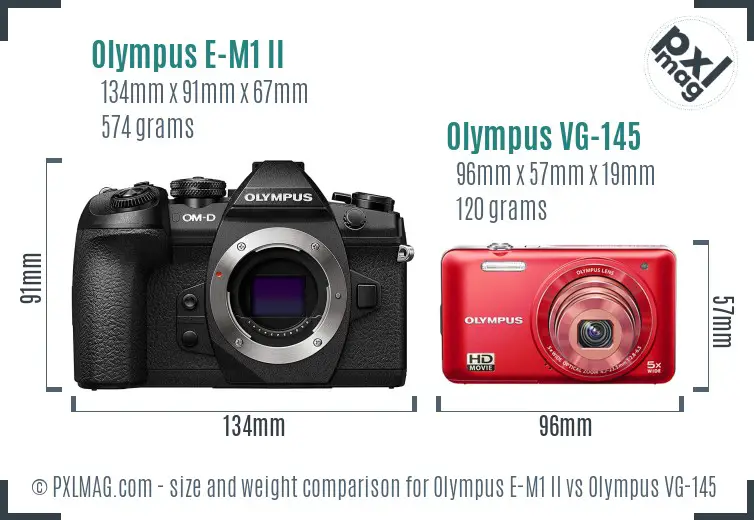 Olympus E-M1 II vs Olympus VG-145 size comparison