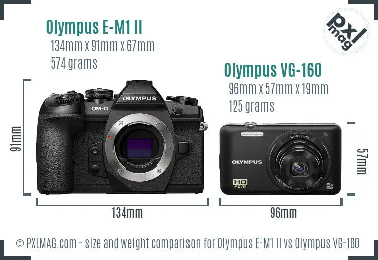 Olympus E-M1 II vs Olympus VG-160 size comparison