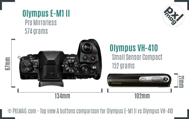 Olympus E-M1 II vs Olympus VH-410 top view buttons comparison