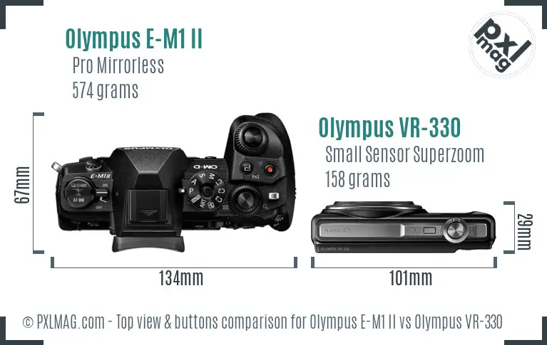 Olympus E-M1 II vs Olympus VR-330 top view buttons comparison