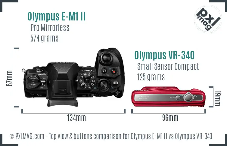 Olympus E-M1 II vs Olympus VR-340 top view buttons comparison