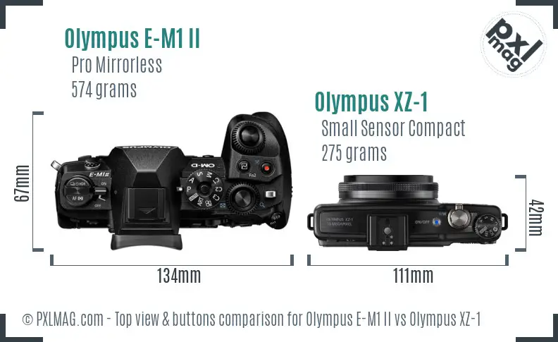 Olympus E-M1 II vs Olympus XZ-1 top view buttons comparison