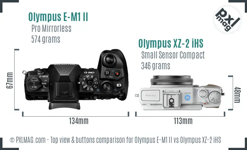 Olympus E-M1 II vs Olympus XZ-2 iHS top view buttons comparison