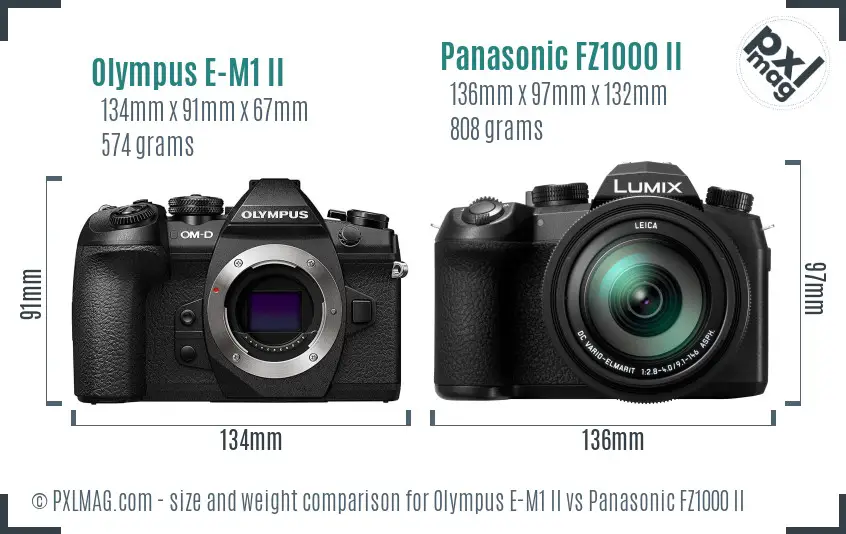 Olympus E-M1 II vs Panasonic FZ1000 II size comparison