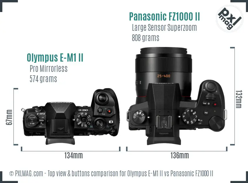 Olympus E-M1 II vs Panasonic FZ1000 II top view buttons comparison