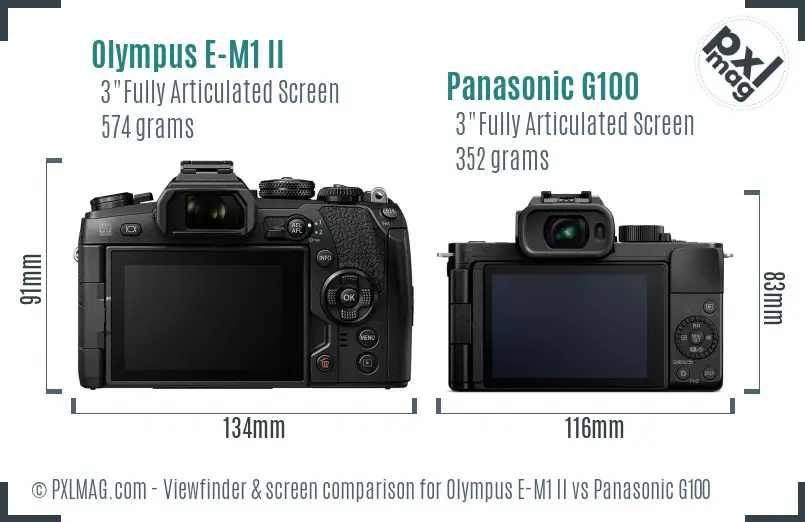 Olympus E-M1 II vs Panasonic G100 Screen and Viewfinder comparison