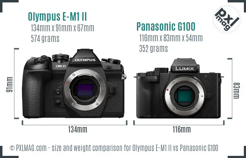Olympus E-M1 II vs Panasonic G100 size comparison