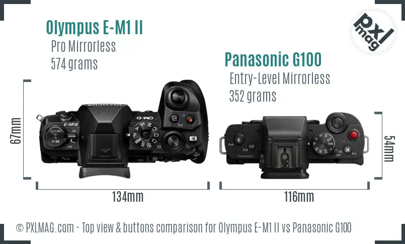 Olympus E-M1 II vs Panasonic G100 top view buttons comparison