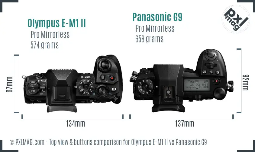 Olympus E-M1 II vs Panasonic G9 top view buttons comparison