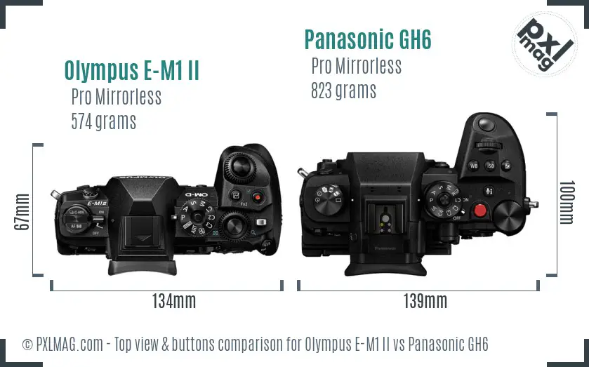 Olympus E-M1 II vs Panasonic GH6 top view buttons comparison Olympus E-M1 II vs Panasonic GH6 top view buttons comparison