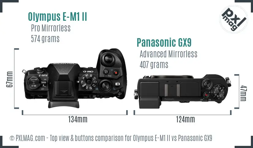 Olympus E-M1 II vs Panasonic GX9 top view buttons comparison