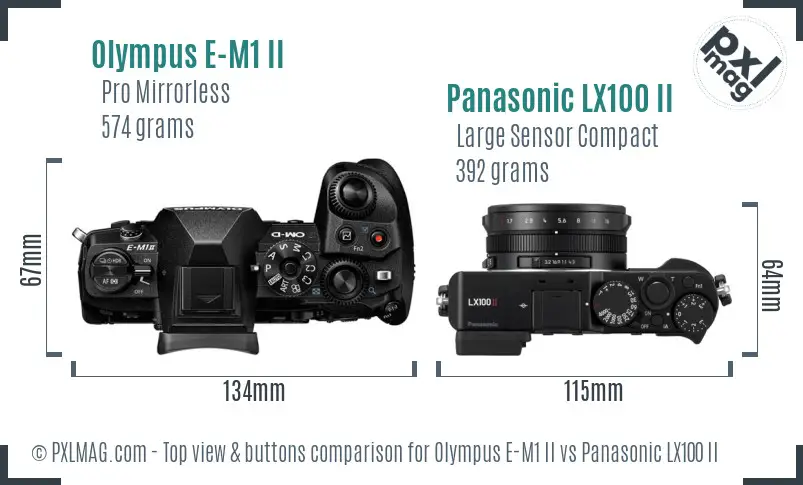 Olympus E-M1 II vs Panasonic LX100 II top view buttons comparison