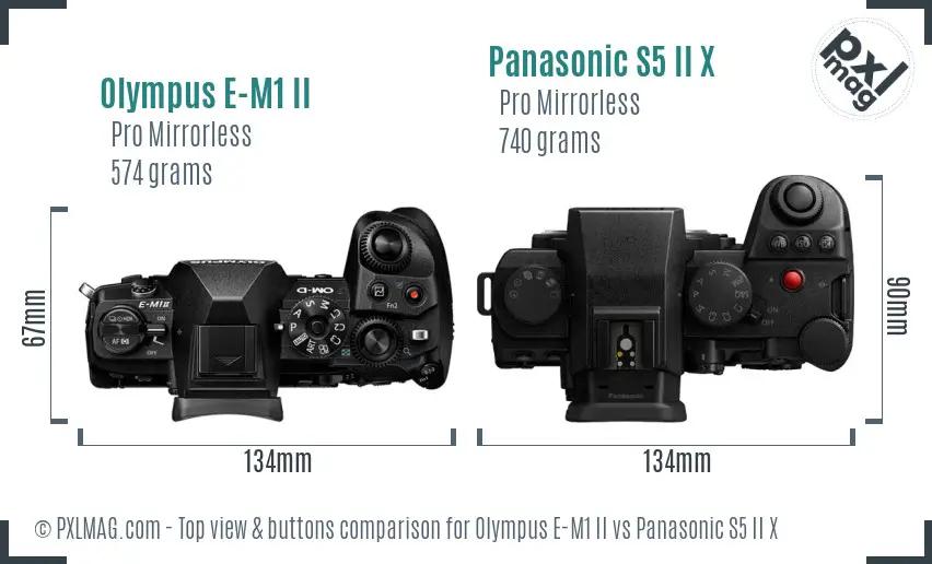 Olympus E-M1 II vs Panasonic S5 II X top view buttons comparison