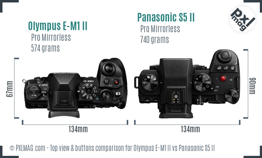 Olympus E-M1 II vs Panasonic S5 II top view buttons comparison